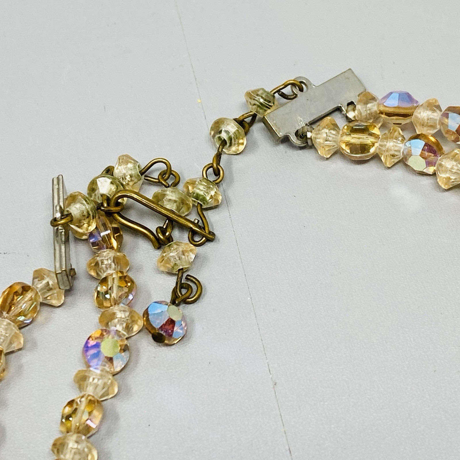 VTG Crystal Beaded Necklace Champagne Aurora Borealis Faceted Double Strand 15″