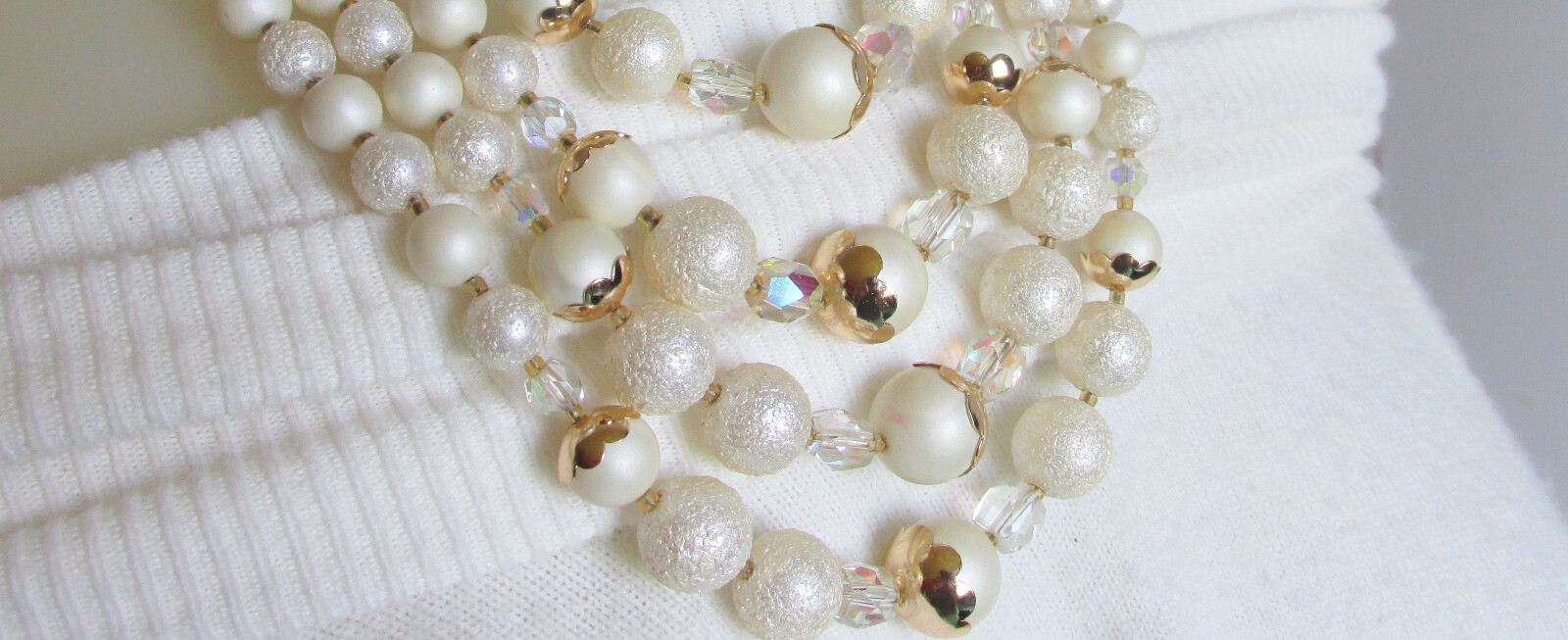 Cream AB Crystal Beads Bib Choker Necklace Textured Satin Vintage Retro JAPAN