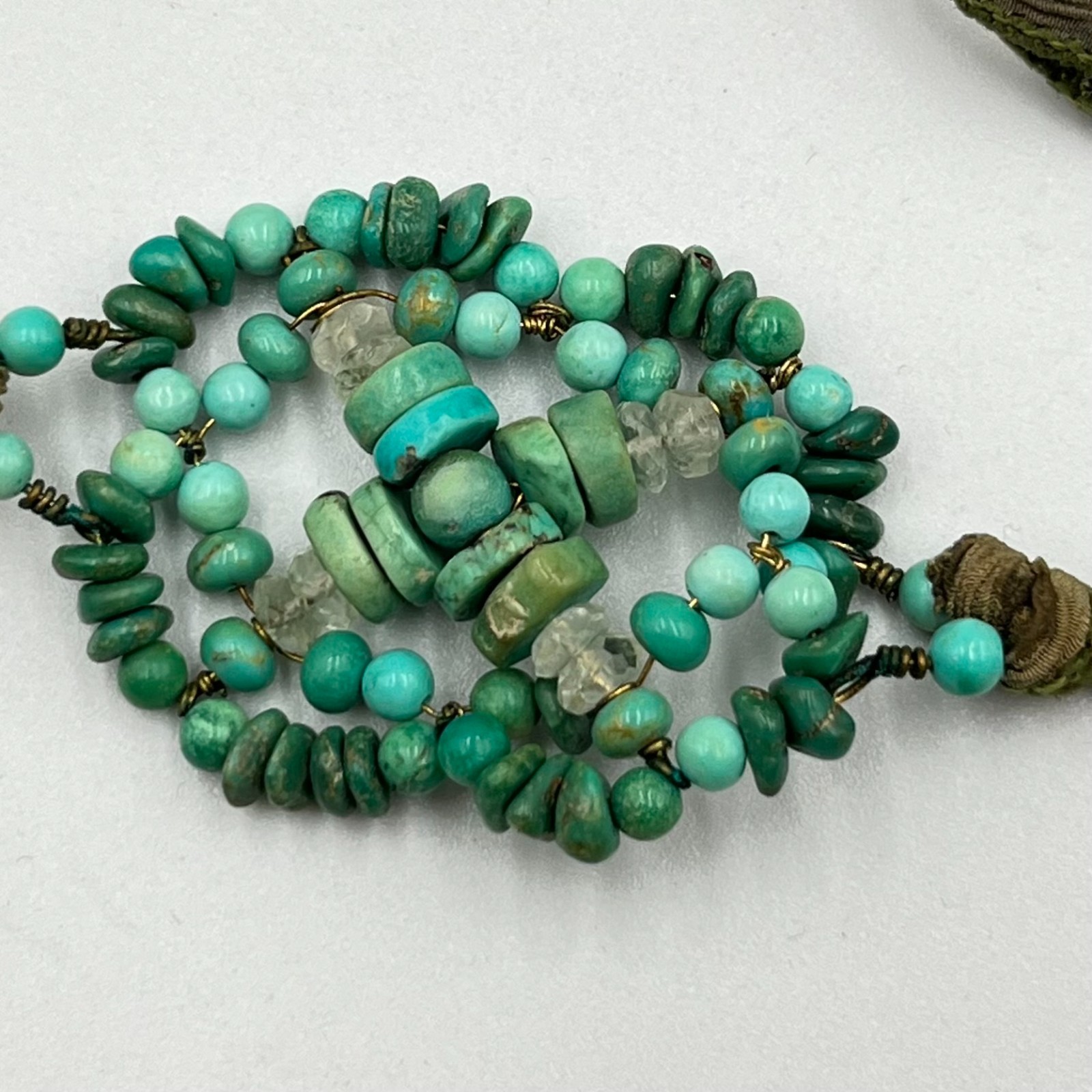 VTG Boho Artisan Turquoise Beads Silk Ribbon Wrap Necklace Earthy Mixed Green