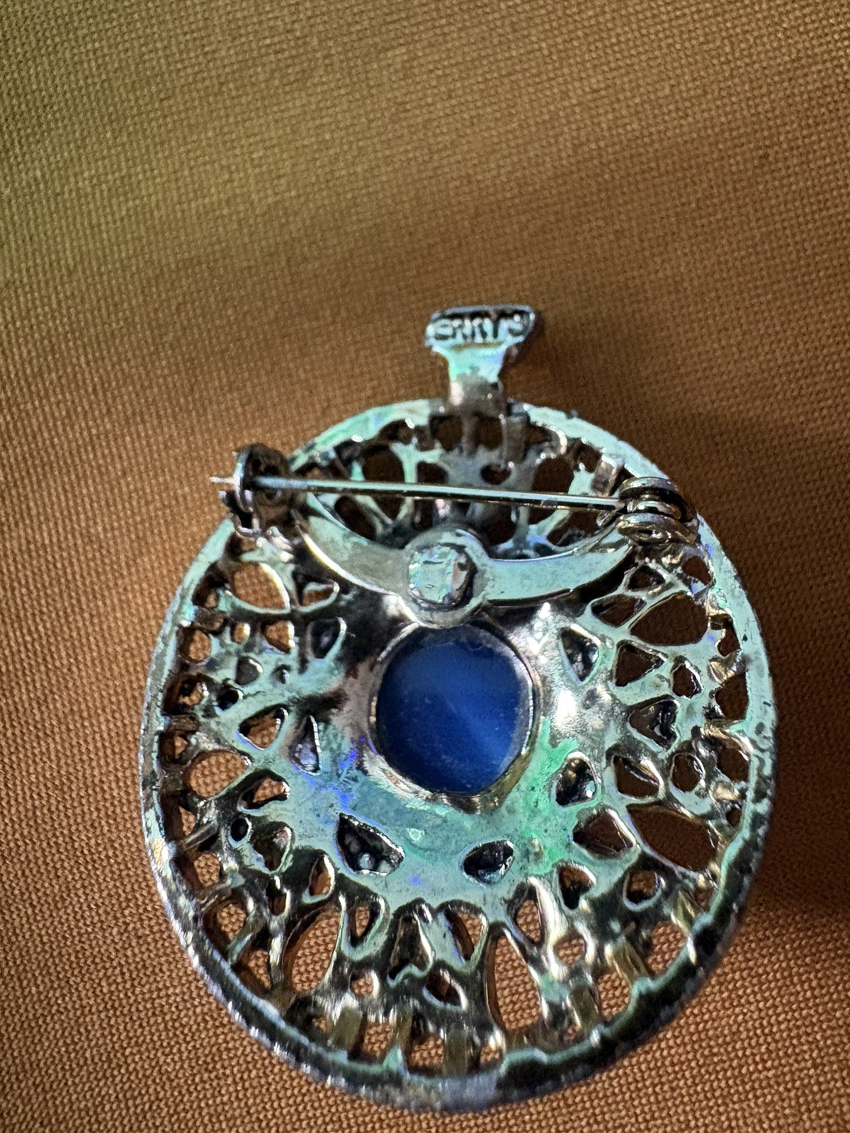 Vtg GERRY’S 1970’s Faux Pocket Watch Moonstone Cabochon Blue Rhinestones Brooch!