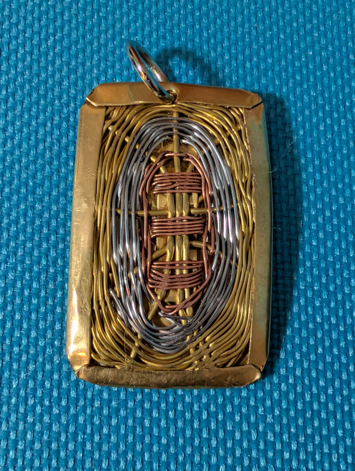 Vintage 60s Modernist Mixed Metal Pendant Brutalist Woven Copper Brass Wire Art