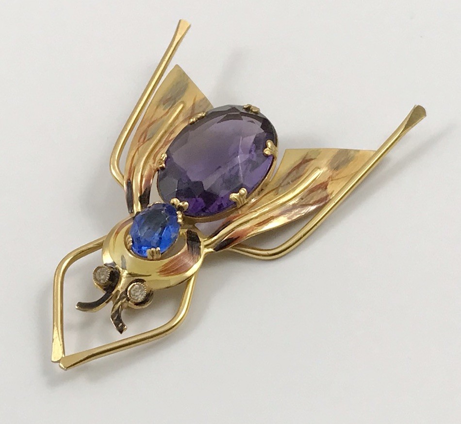 VTG Coro Sterling Silver Purple & Blue Crystals Enamel Fly Insect Brooch Pin #46