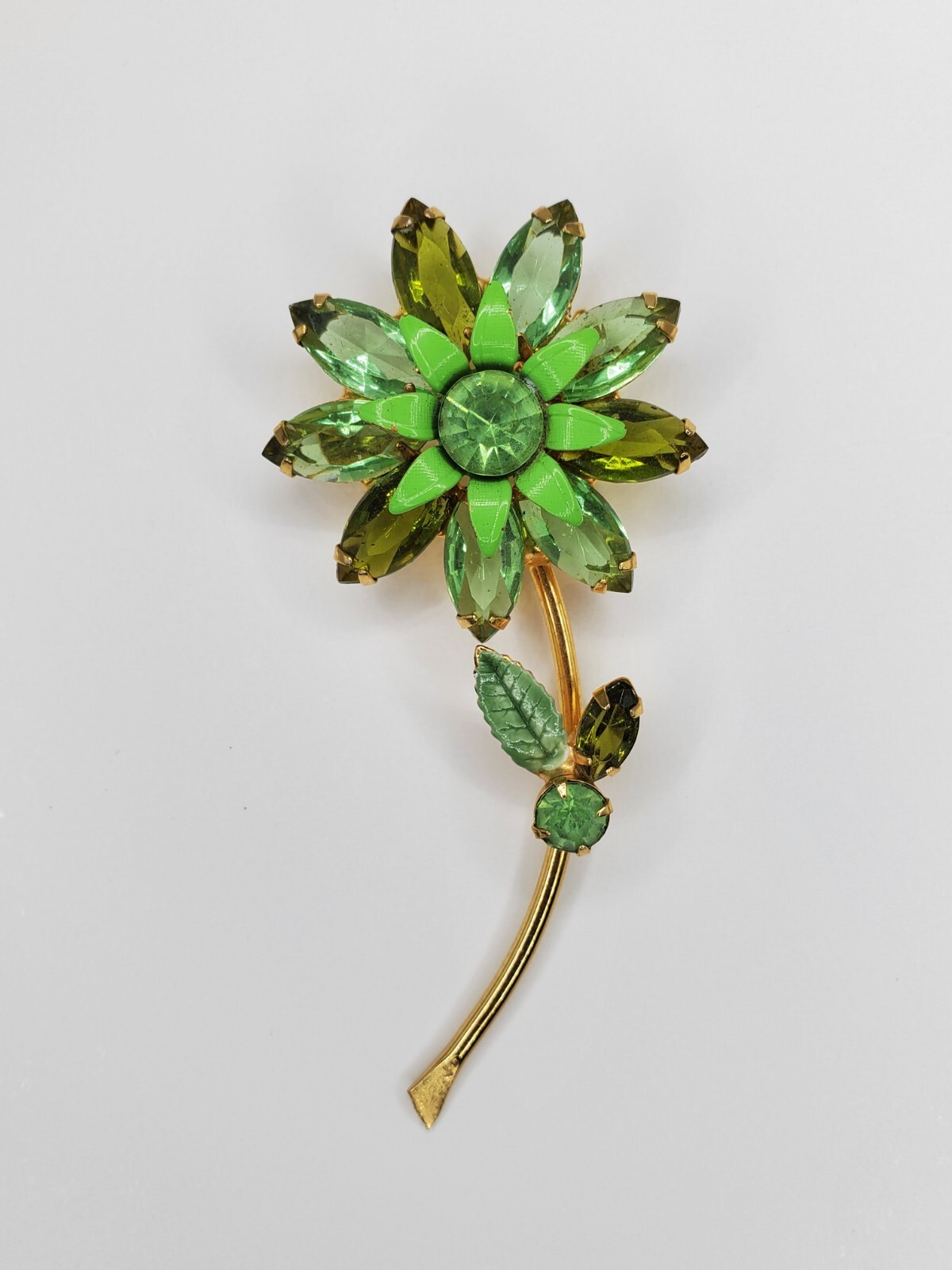 Vintage Adorable Open Back Green Glass , Rhinestones & Enamel Flower Brooch