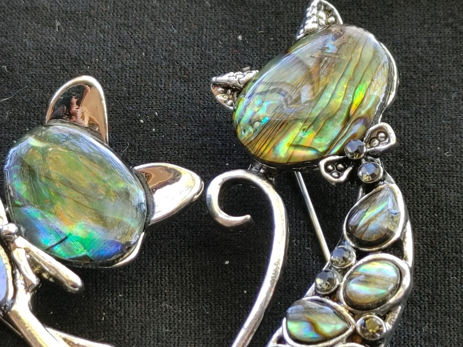 2 Pc. Lot Of Whimsical Retro Cat Brooches Faux Abalone Silver Tone 2″