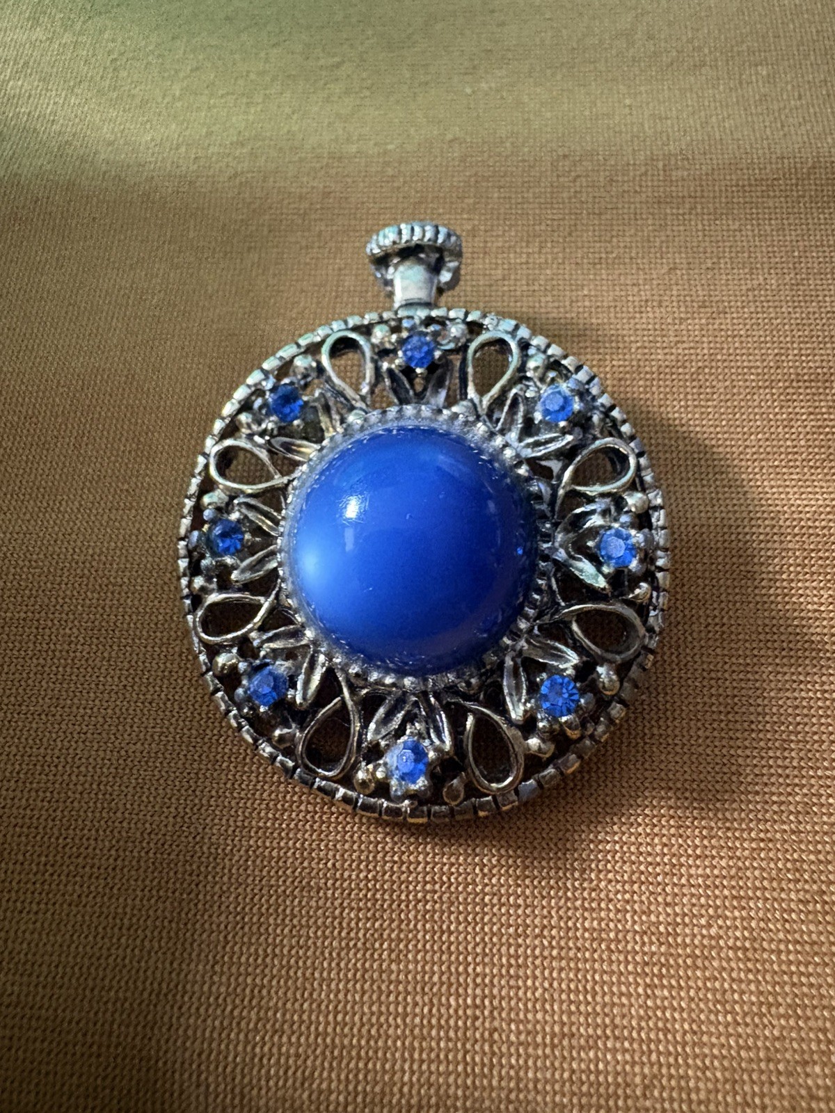 Vtg GERRY’S 1970’s Faux Pocket Watch Moonstone Cabochon Blue Rhinestones Brooch!