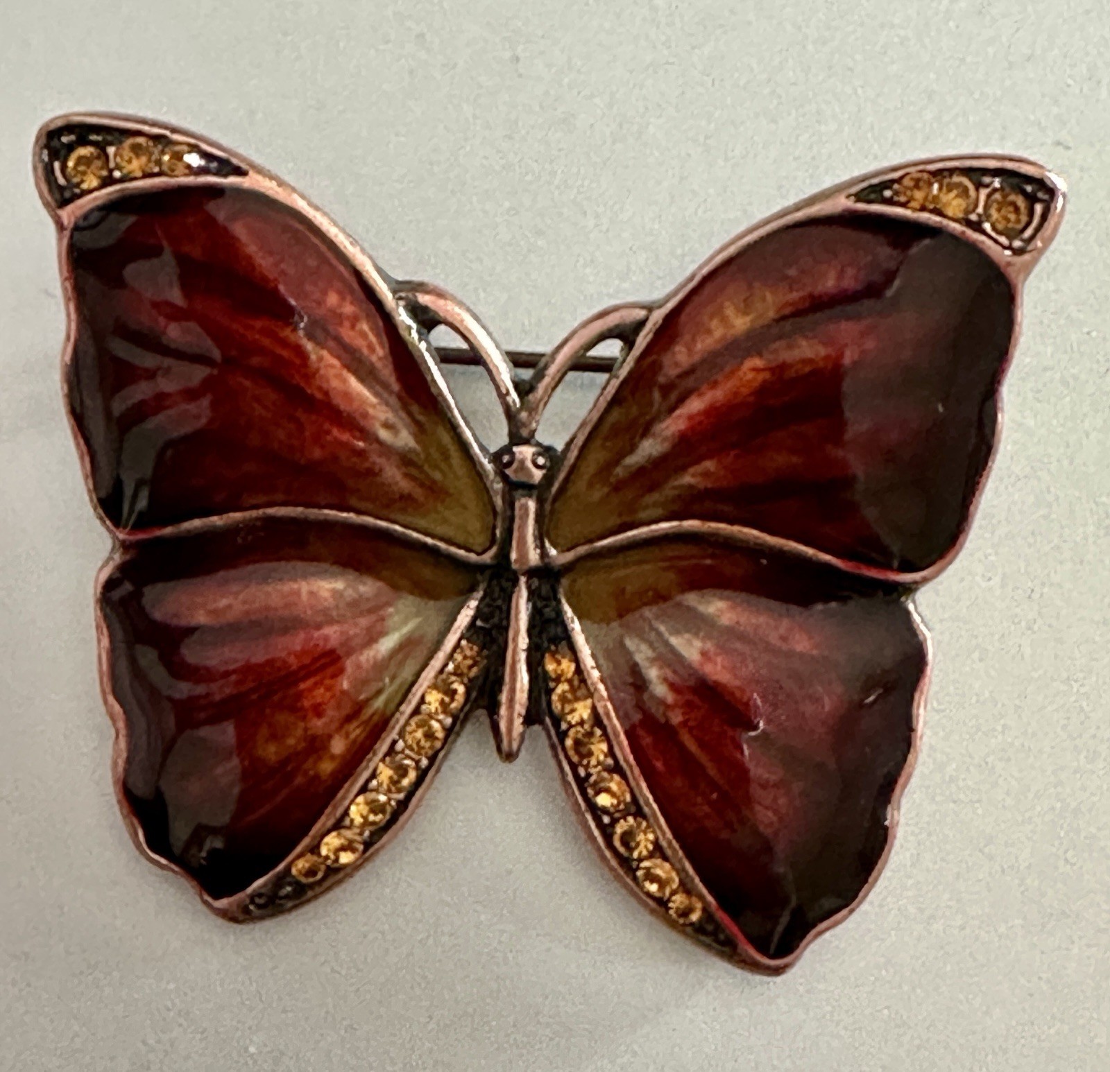 Butterfly Brooch Pin Vintage Rhinestone Enamel Copper?