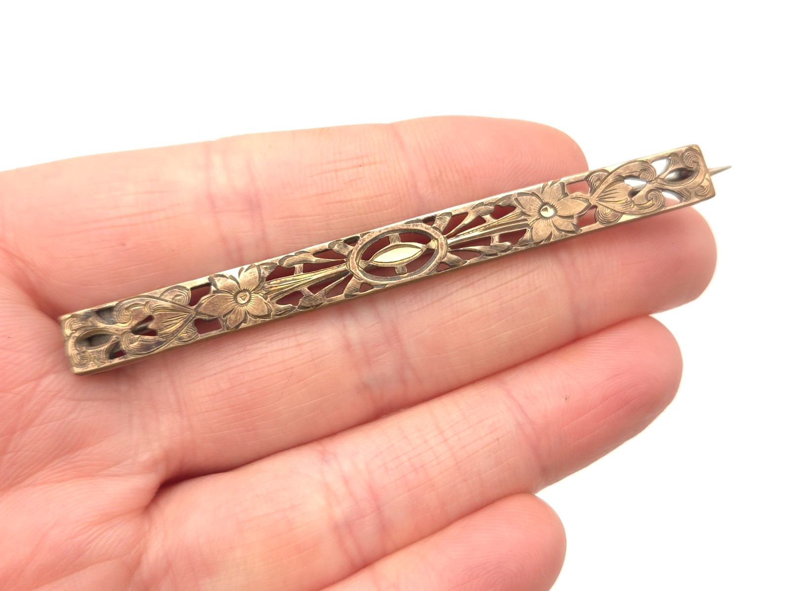 Antique Victorian Gold Filled Signed AP Floral Filigree Large Bar Pin Brooch