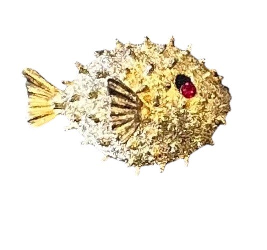 VTG Puffer Fish Rhinestone Ruby Eye Sterling Silver & Gold Vermeil Pendant