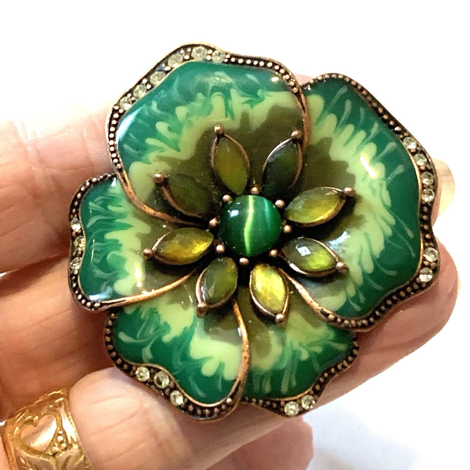 VTG Liz Claiborne Vibrant Brooch Green & Lime Enamel Pansy Cats Eye Flower Pin