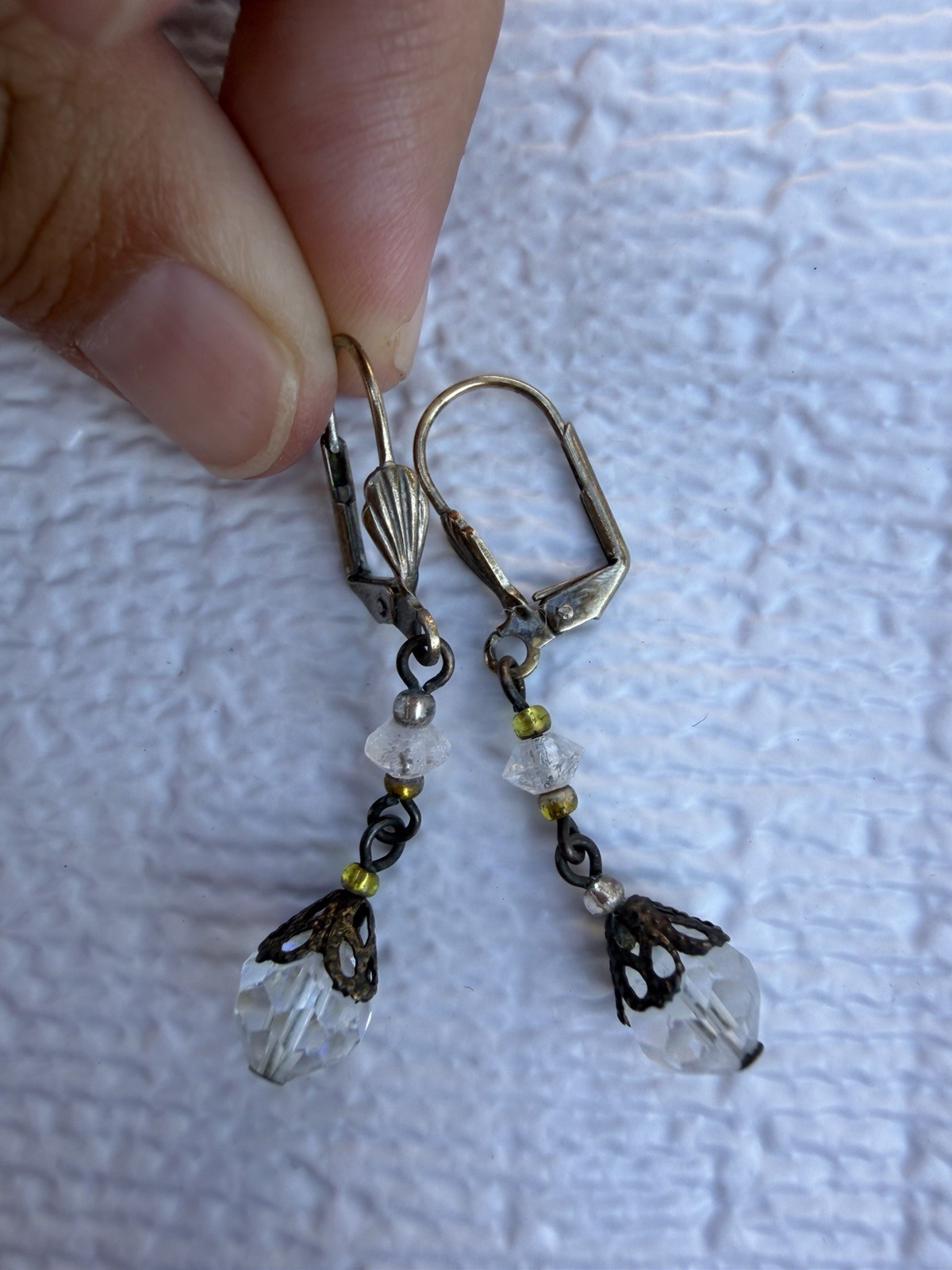 Vintage Aurora Borealis Crystal Bead Drop Earrings Leverback Faceted Dangle Pair