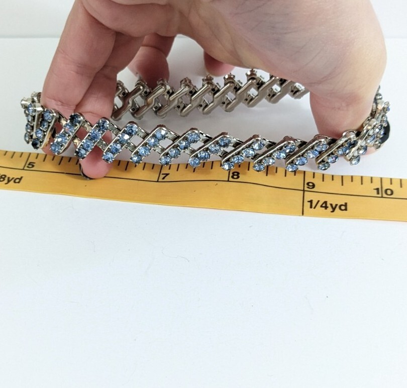 Light Blue Rhinestone And Silver Toned Expanding Bracelet Vintage