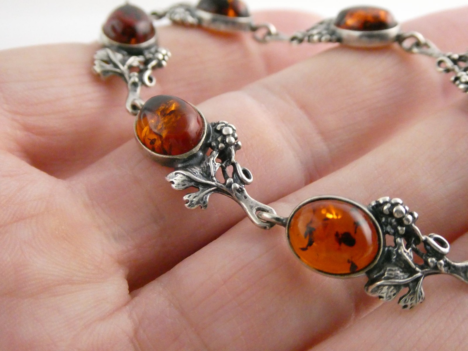 Vintage Sterling Silver Amber Cabochon Grape Vine Link Bracelet 925 7.25In 10.6g