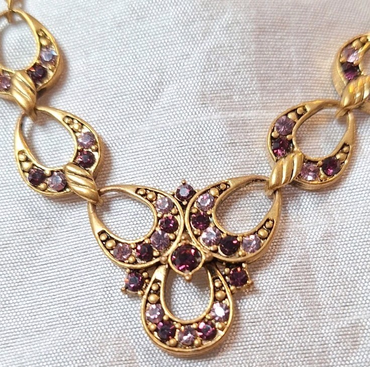 VTG Rosegold CopperTone Link Chain Necklace Princess Purple Lavender Crystals