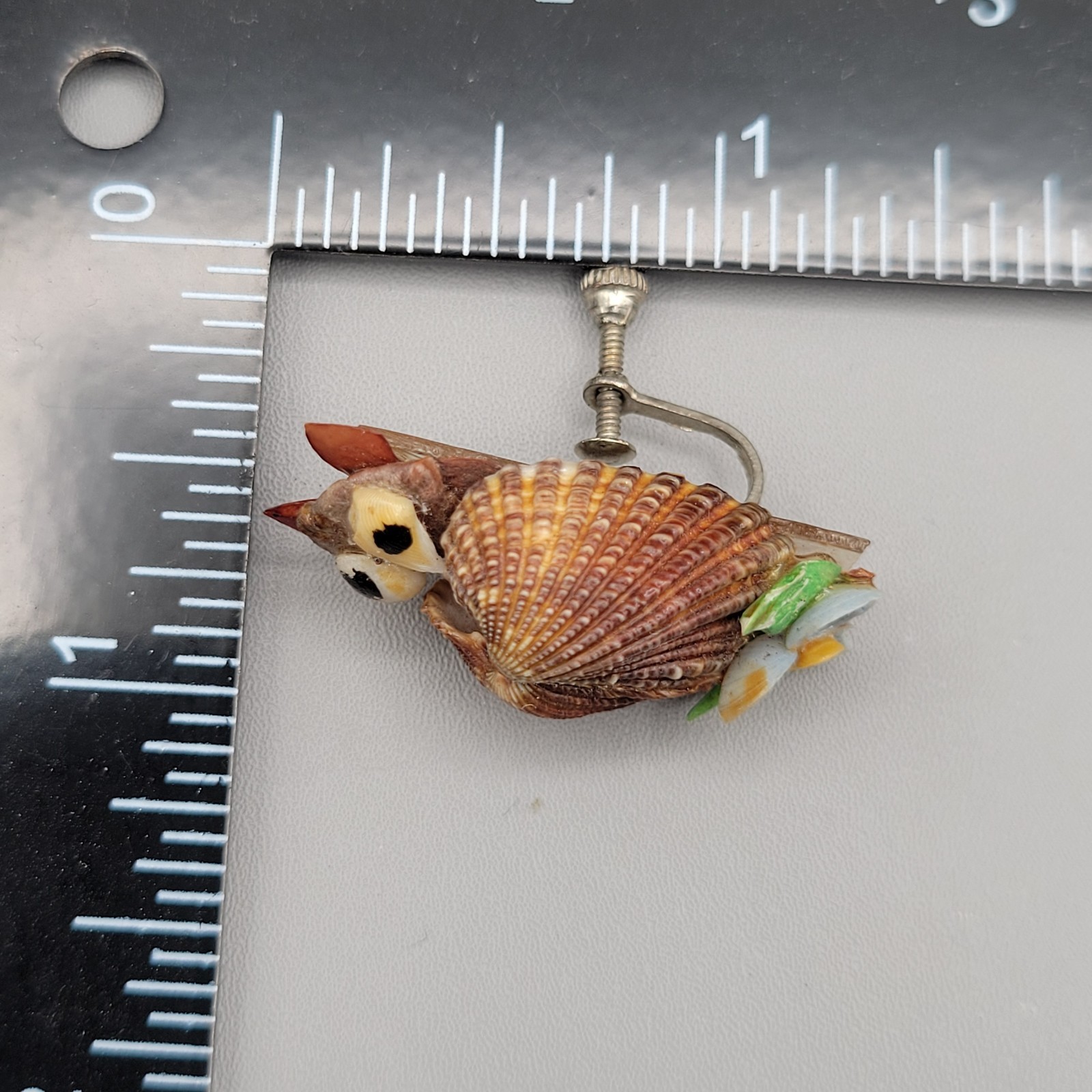Vintage Owl Shell Clip On Earrings Hand Painted Figural 1960s Novelty