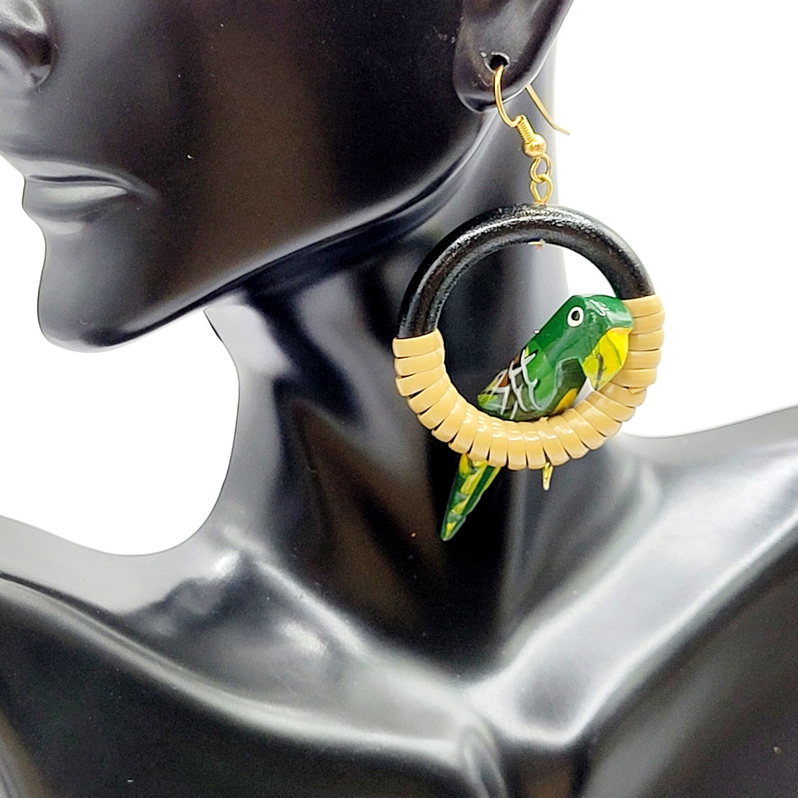Parrot Macaw Tropical Hand Painted Carved Bird on Hoop Hook Pierced Vtg Earrings