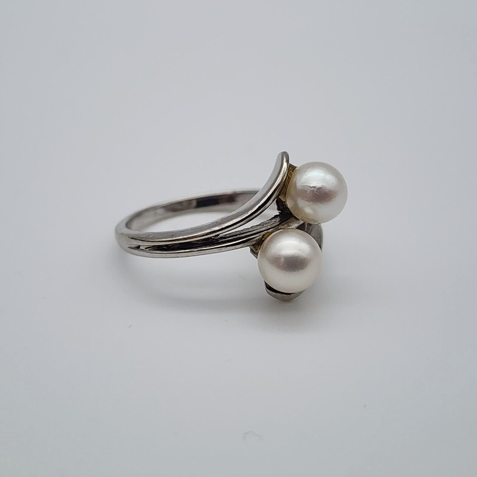 Vintage Skal 14k White Gold – Double 5.3 mm Pearl Ring – Size 4 1/8