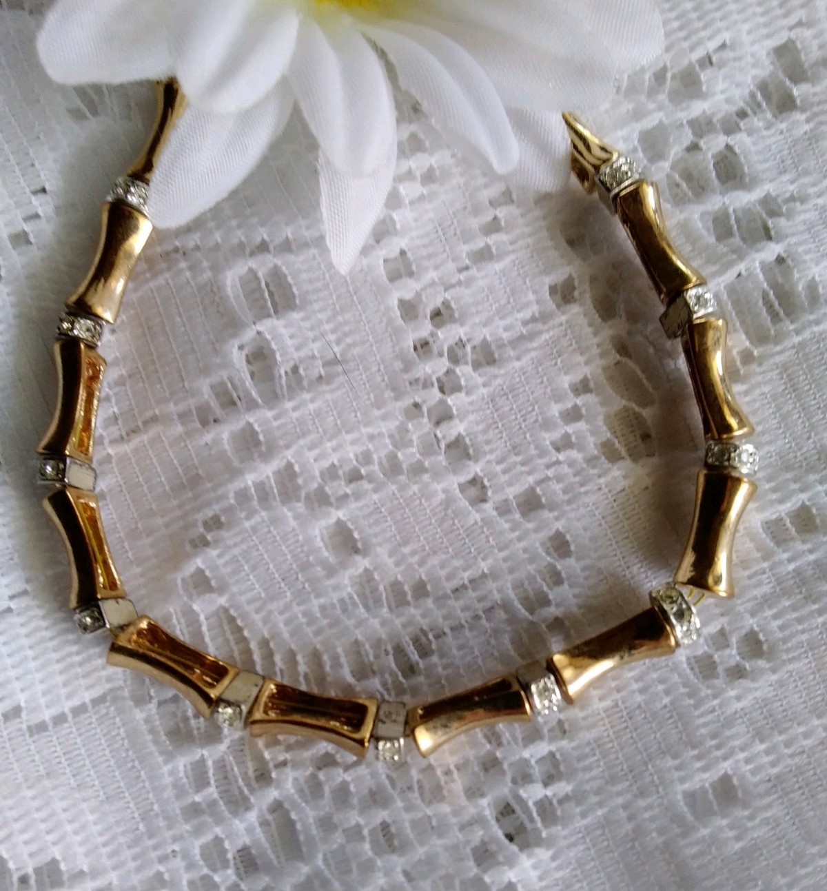 Vintage Napier Yellow Goldtone Plated Bamboo Style/Crystal Fashion 7″ Bracelet