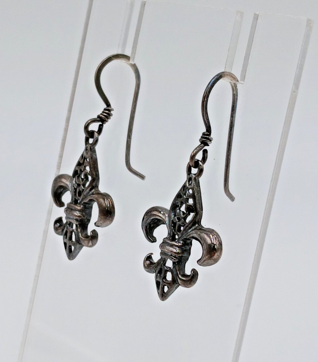 VTG 925 Fleur De Lis Dangle Earrings 1.5in Drop Sterling Silver 2g Estate