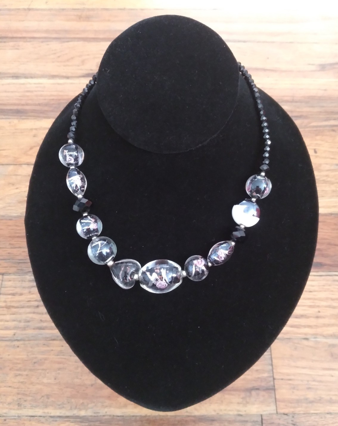 Vintage Foil Glass Rose Beaded Necklace 18 Inches Murano Style