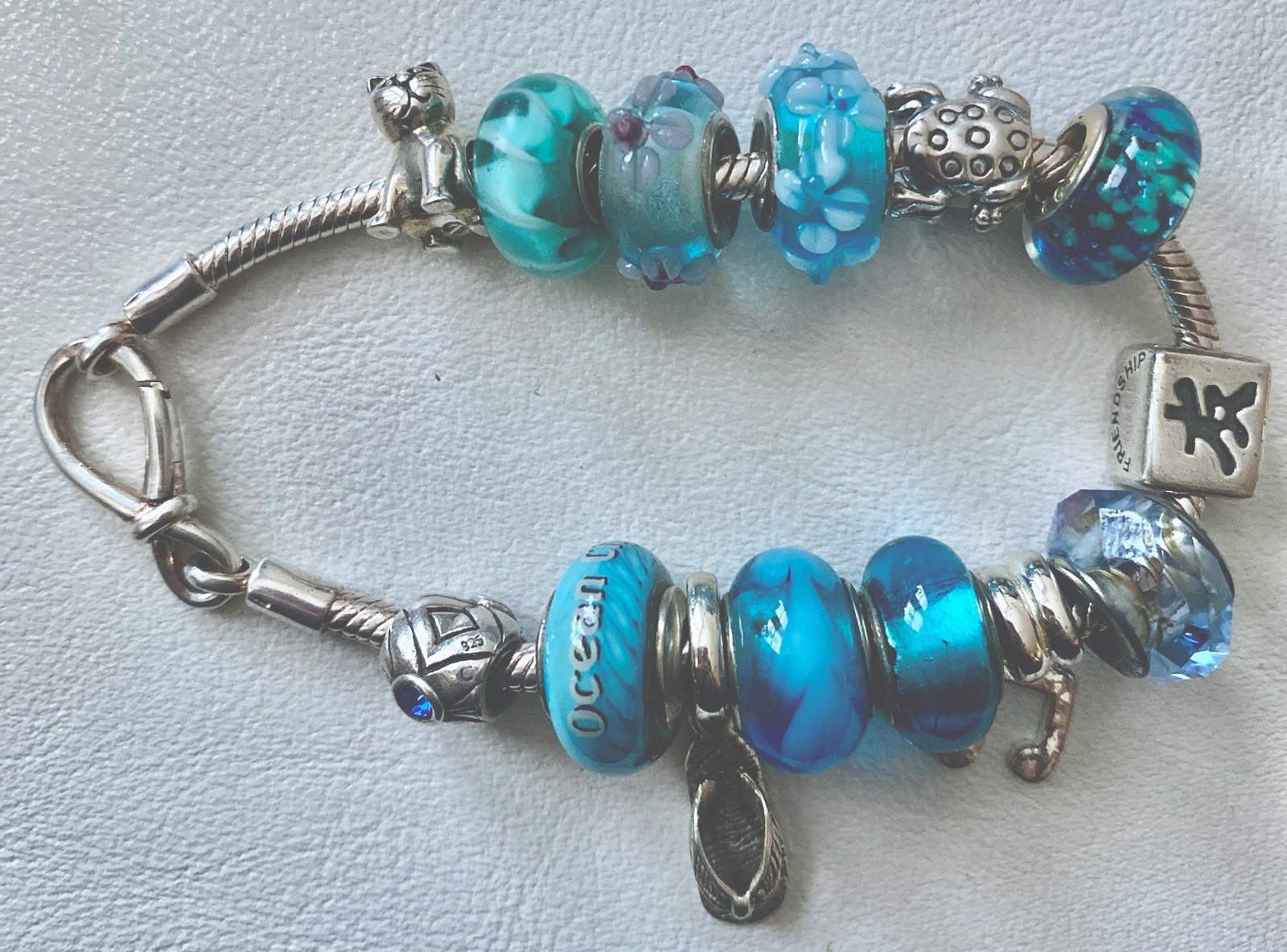 14 Blue + Mixed Makers Sterling Silver Slide Charms Bracelet Ocean Beach