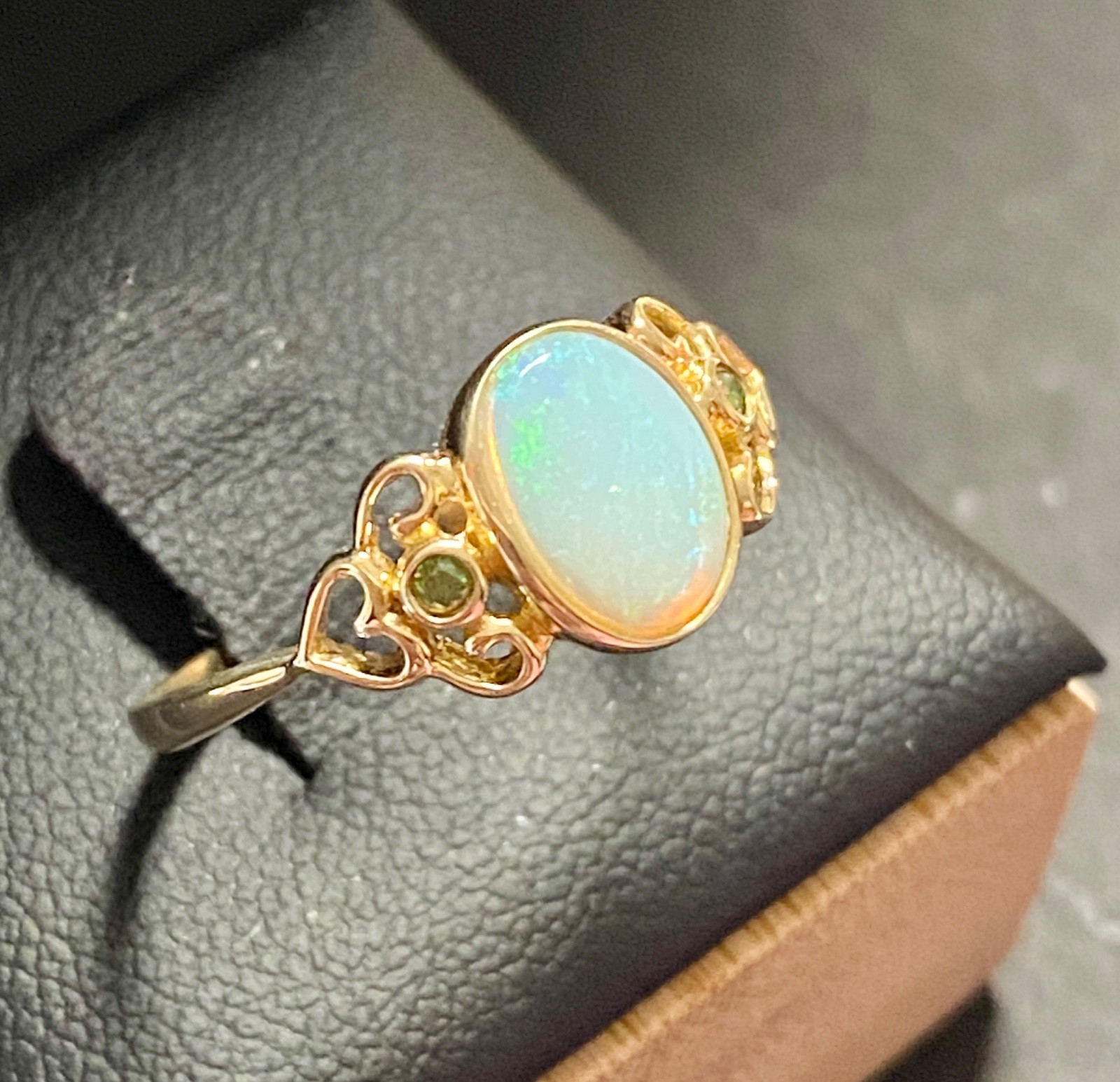 Vintage 14k Yellow Gold Heart Design Opal and Green Diamond Ring Size 7 to 7.25