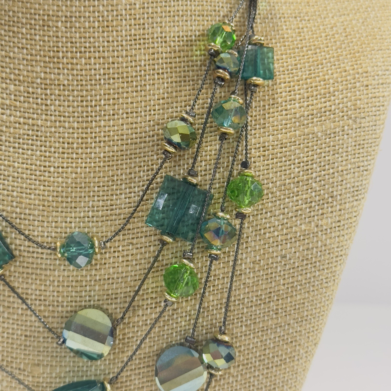 5 Strand Necklace Green Acrylic Glass Beads Black Wire Like Chain 11″ Faceted