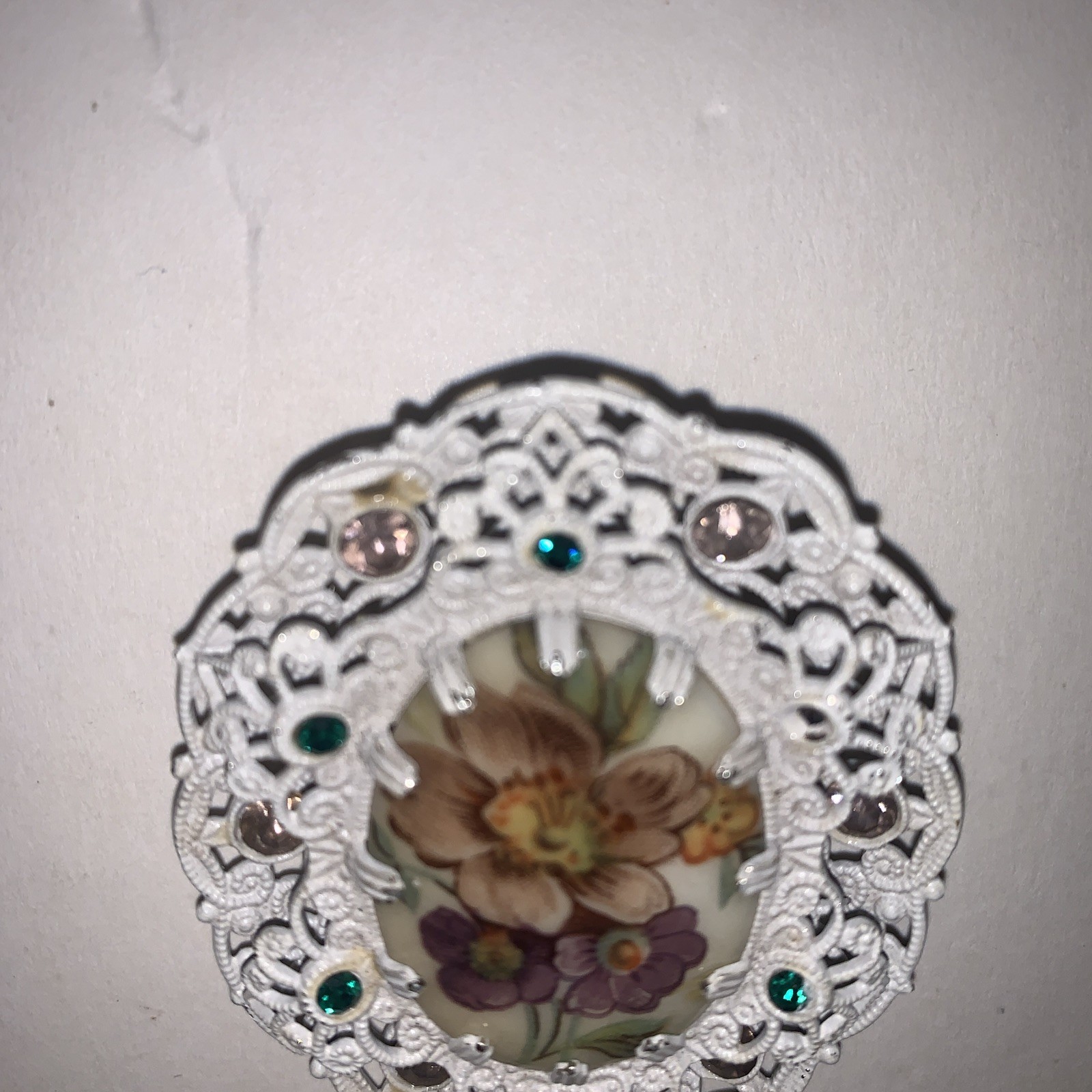 Vintage Hand Painted Brooch W Germany Purple & Green Rhinestones White Filigree