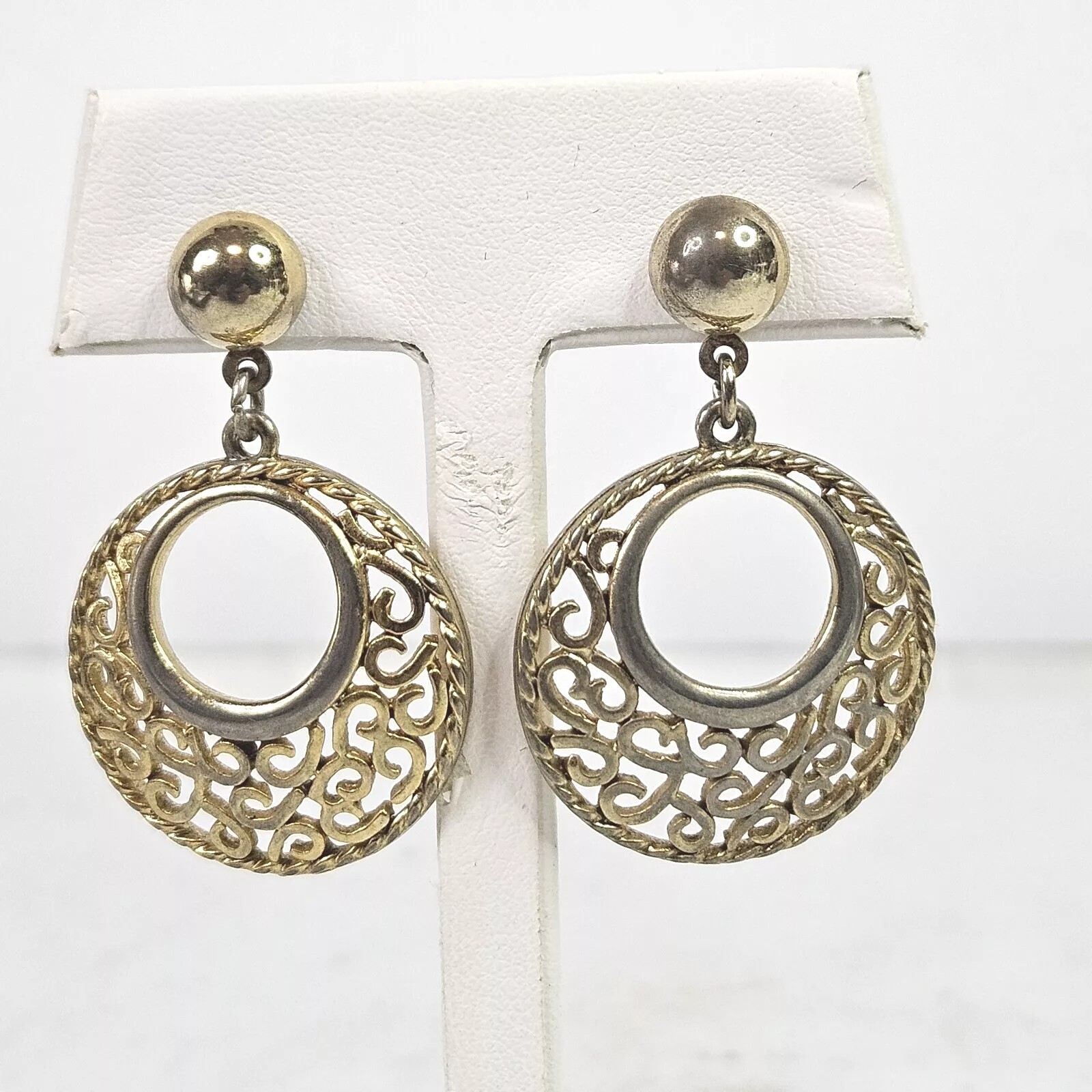 Vintage Filigree Hoop Dangle drop Earrings Gorgeous Gold tone