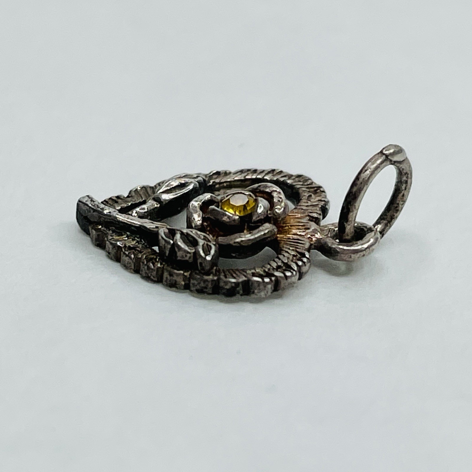 925 Sterling Silver Heart Charm Pendant Flower Yellow Rhinestone Mixed Metals