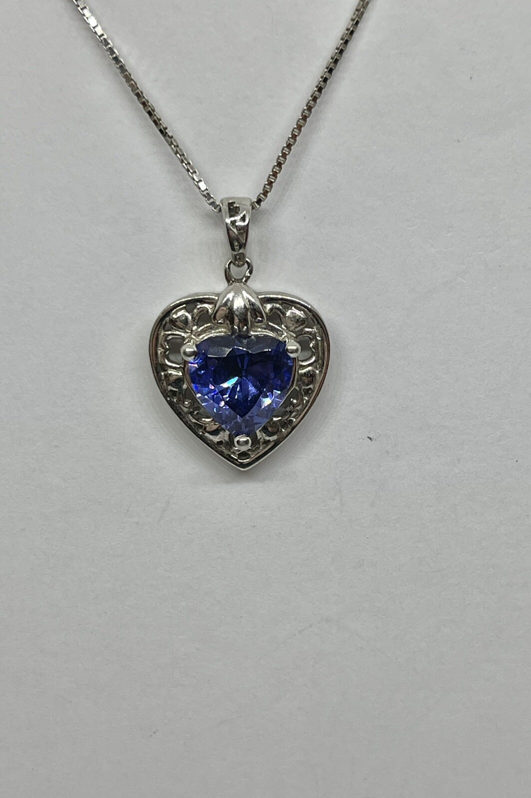 Vintage Bluish Purple Heart Shaped Stone on Sterling Heart Pendant Necklace 17”