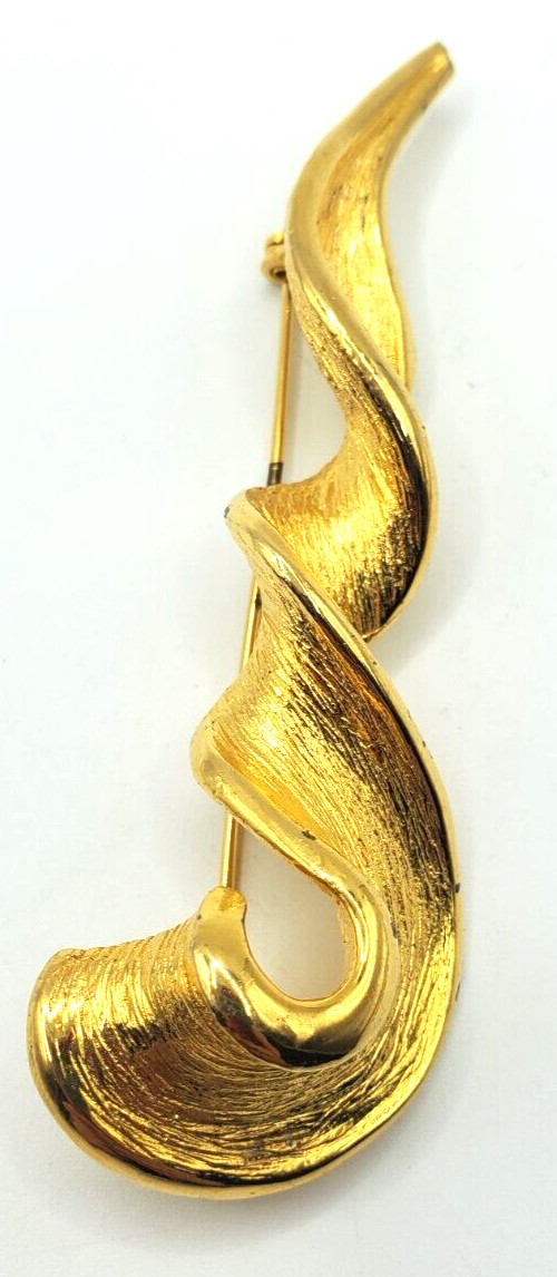 Vintage Swirl Twist Textured Ribbon Large Gold Tone Brooch Pin