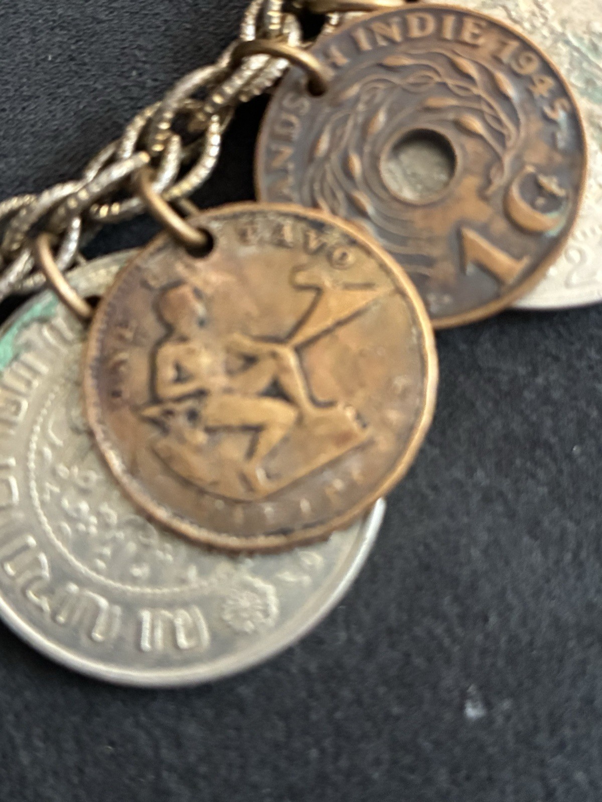 Vintage Coin Charm Bracelet, With Dangling Different Coins From The 1940’s