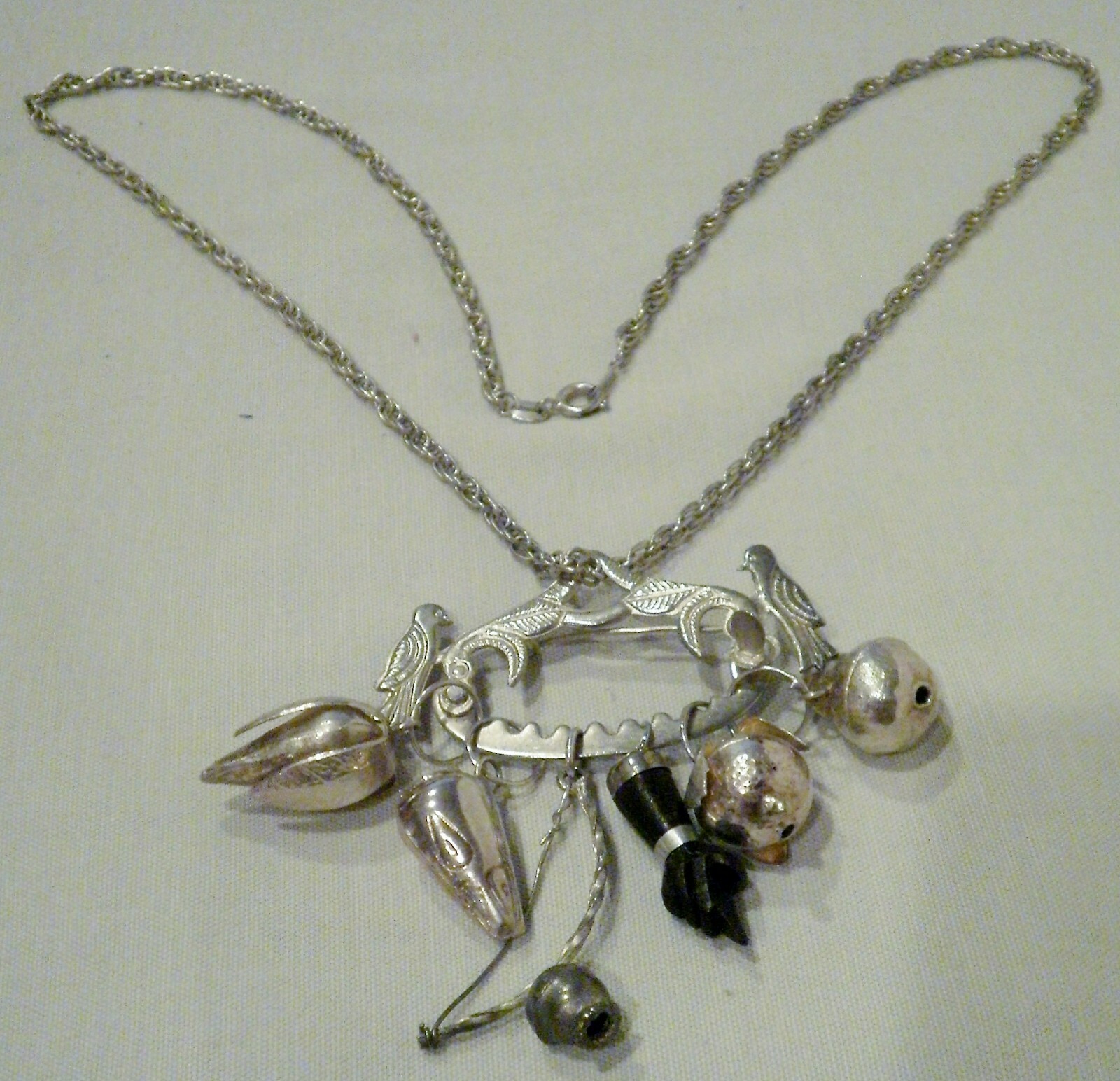 Vintage Pewter Charm Pin Brooch With 6 Charms or Necklace