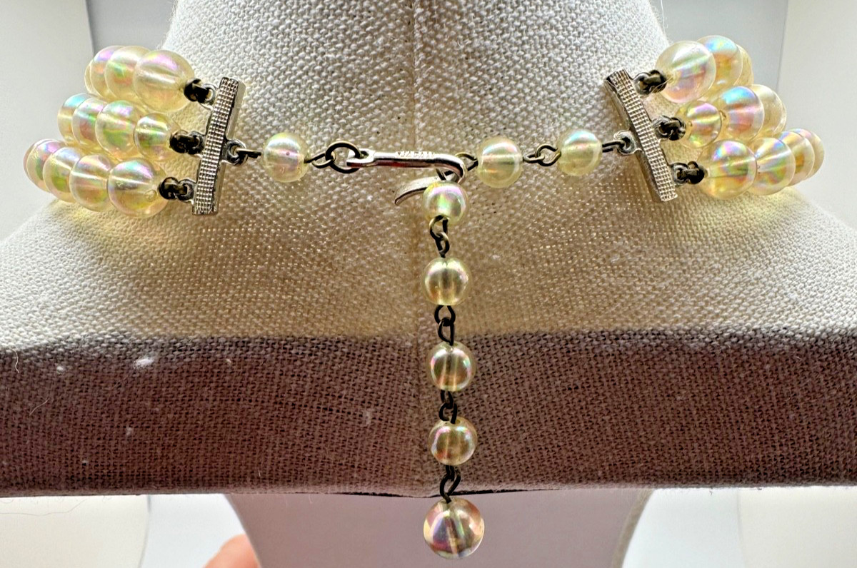 Vintage Iridescent Clear Beaded Necklace 3 Strand Layered Adjustable 11″-14″