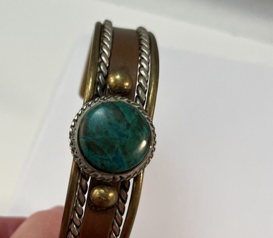 Copper Brass Silver Mixed Metals Green Malachite Cuff Bracelet Rustic READ