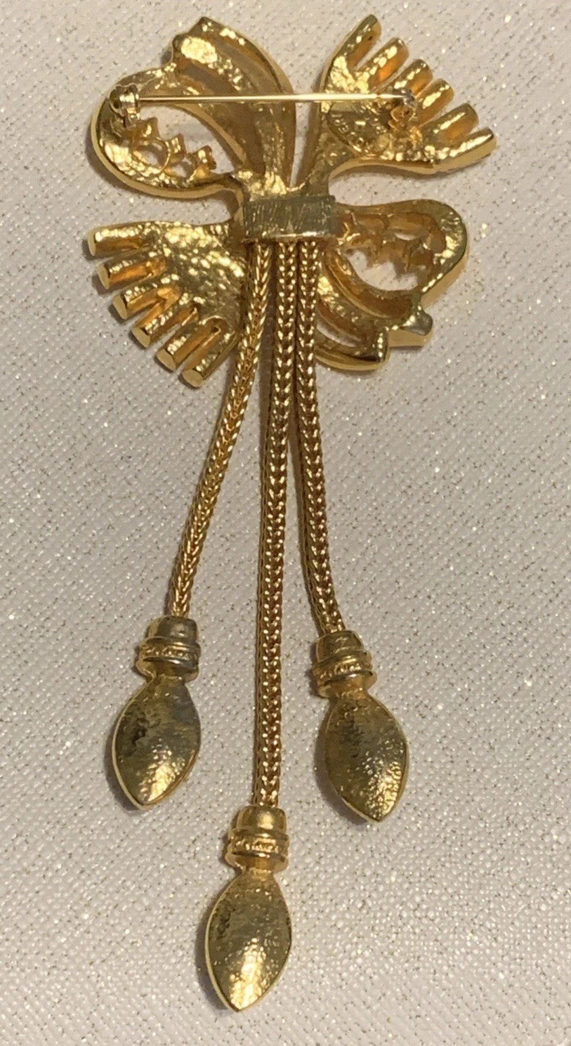 COCO VTG_Robert Rose Bow 4” Brooch Dangle Tassels Clear Rhinestones Baguettes