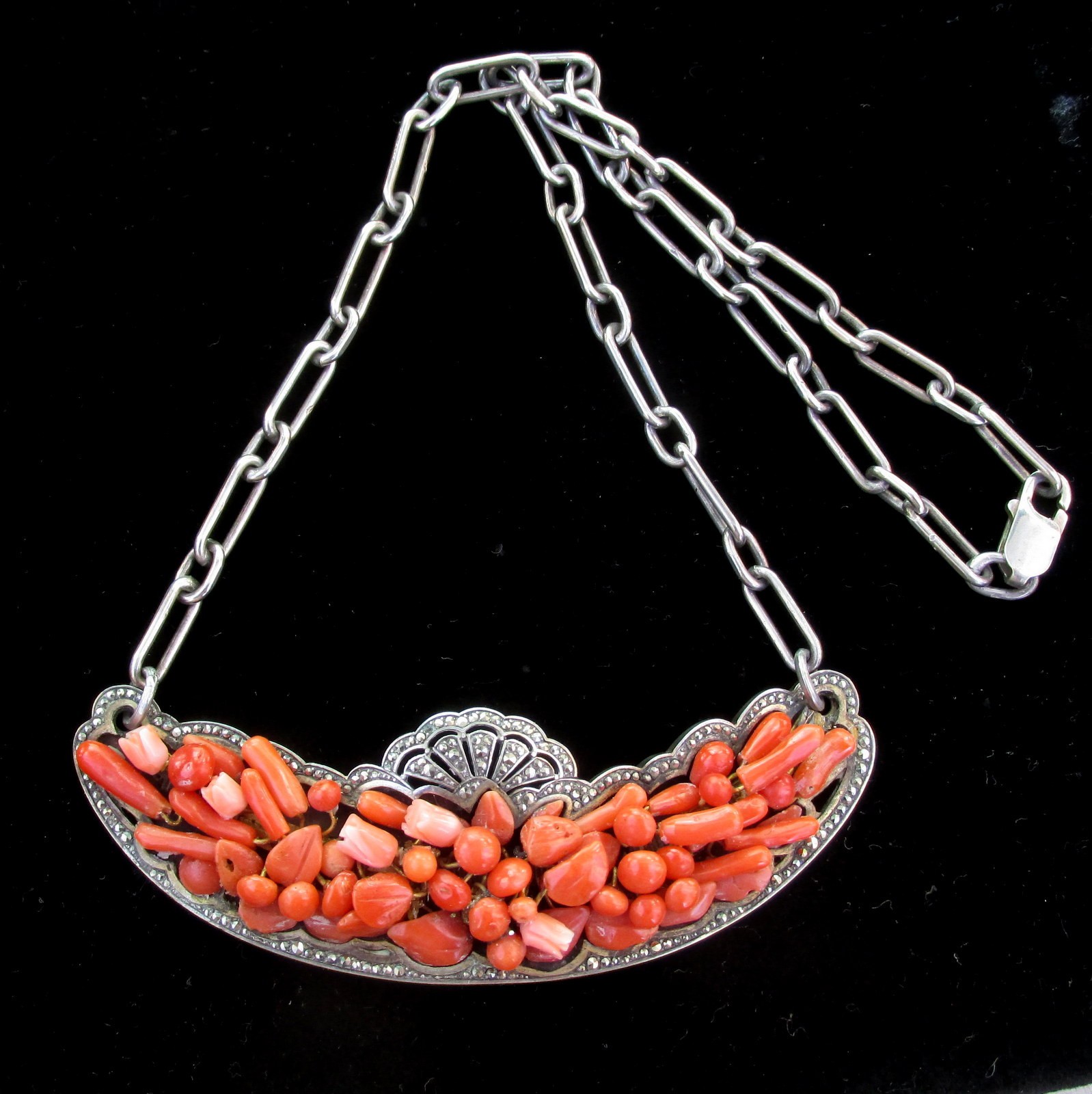 Antique Natural Coral, Marcasite and Sterling Silver Necklace Victorian 1890s