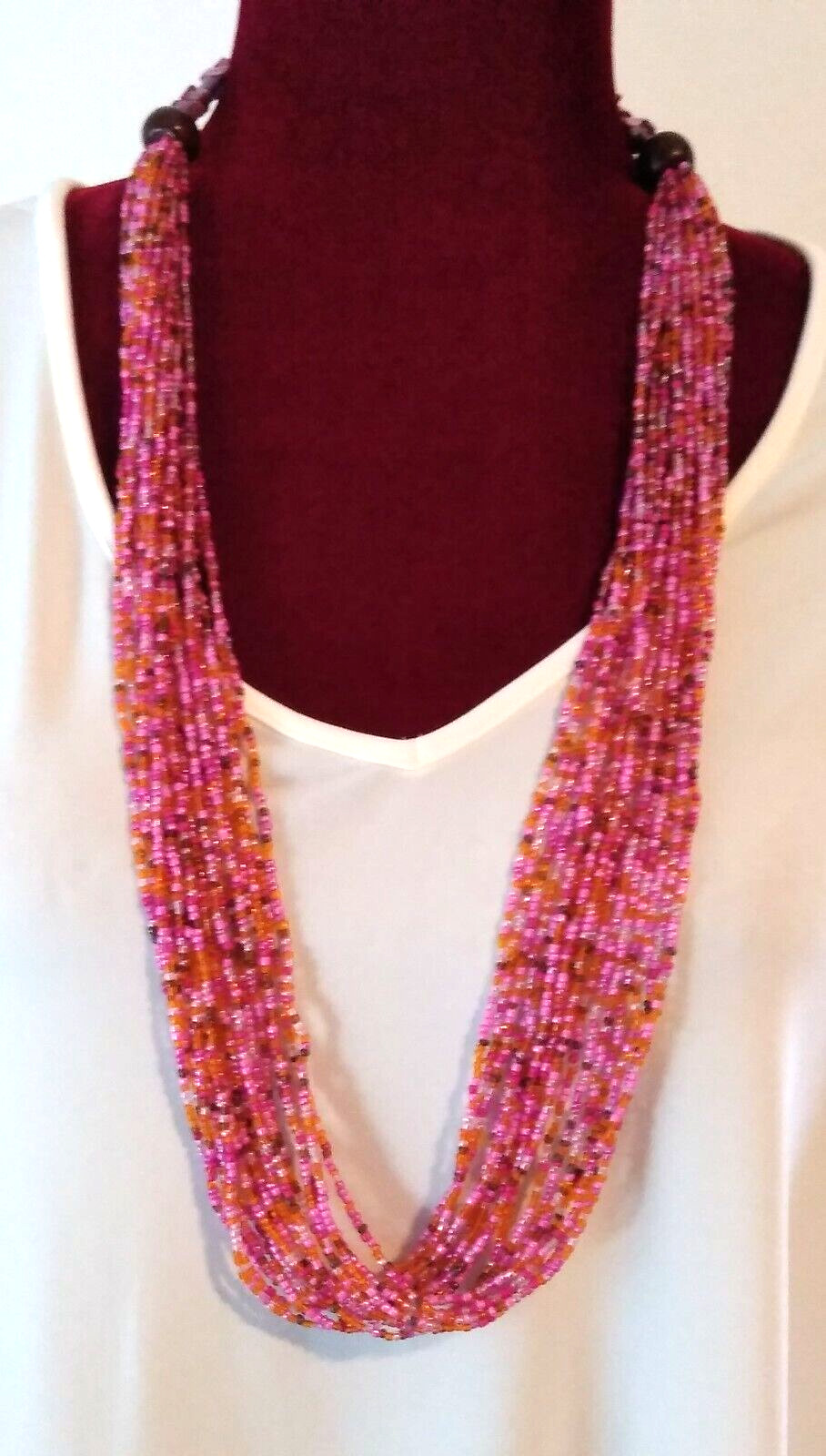 Vintage~Artisan~ 34″ Multi-Color, Reds, Pinks, Purples, Amber~Seed Bead Necklace