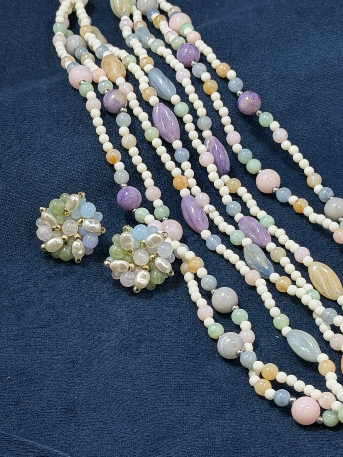 Vintage Multi Strand Glass Beaded Necklace Earrings Set 3 PC Lavender Pastels