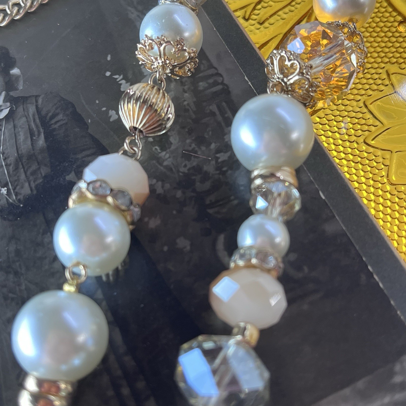 Vintage Gold Tone Faceted Beads & Faux Pearl Necklace – 32” – Champagne & White
