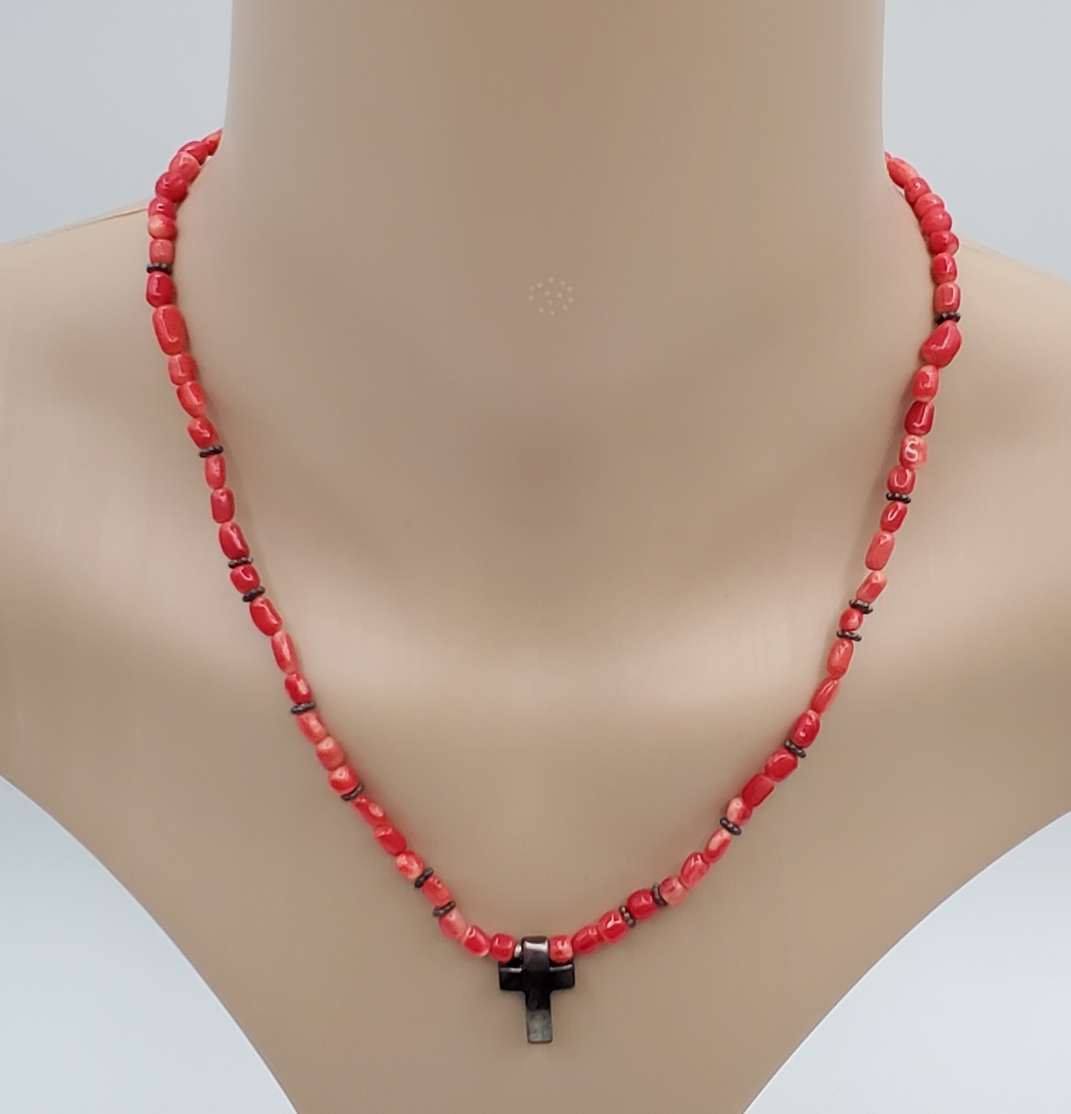 VTG 925 Red Coral Bead 17in Necklace Sterling Silver 15gtw Puffed Open Cross