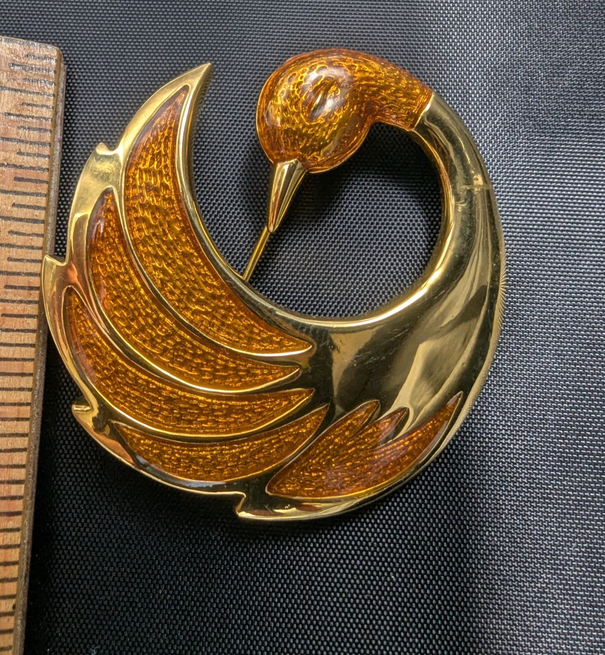 Vintage Orena Paris Swan Brooch Gold Tone Orange Amber Enamel Inlay Beautiful