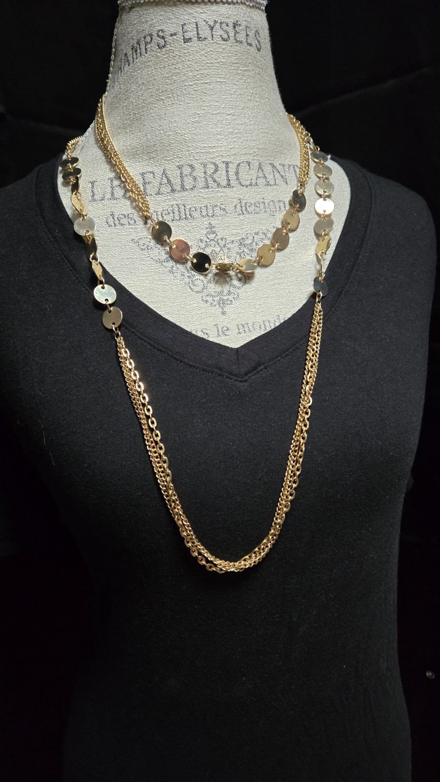 Goldtone Three Strand Long Chain 54″With Round Discs