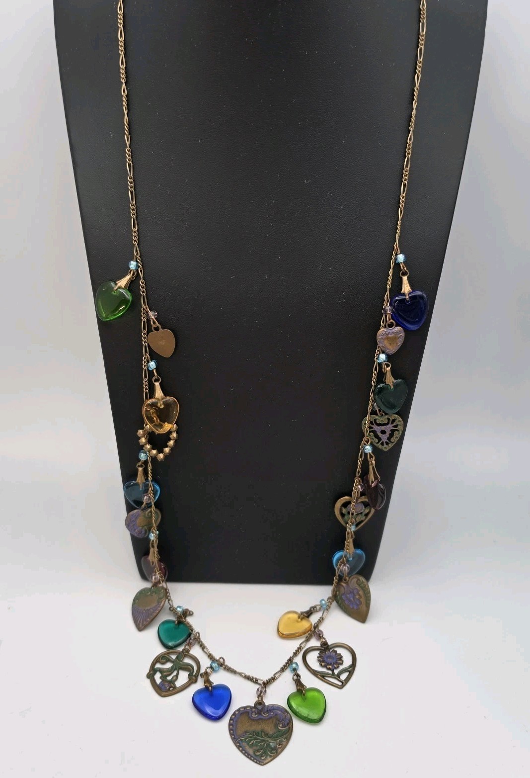 Vtg Glass Works Studio Brass Glass Hearts Multi Colors Necklace 30″