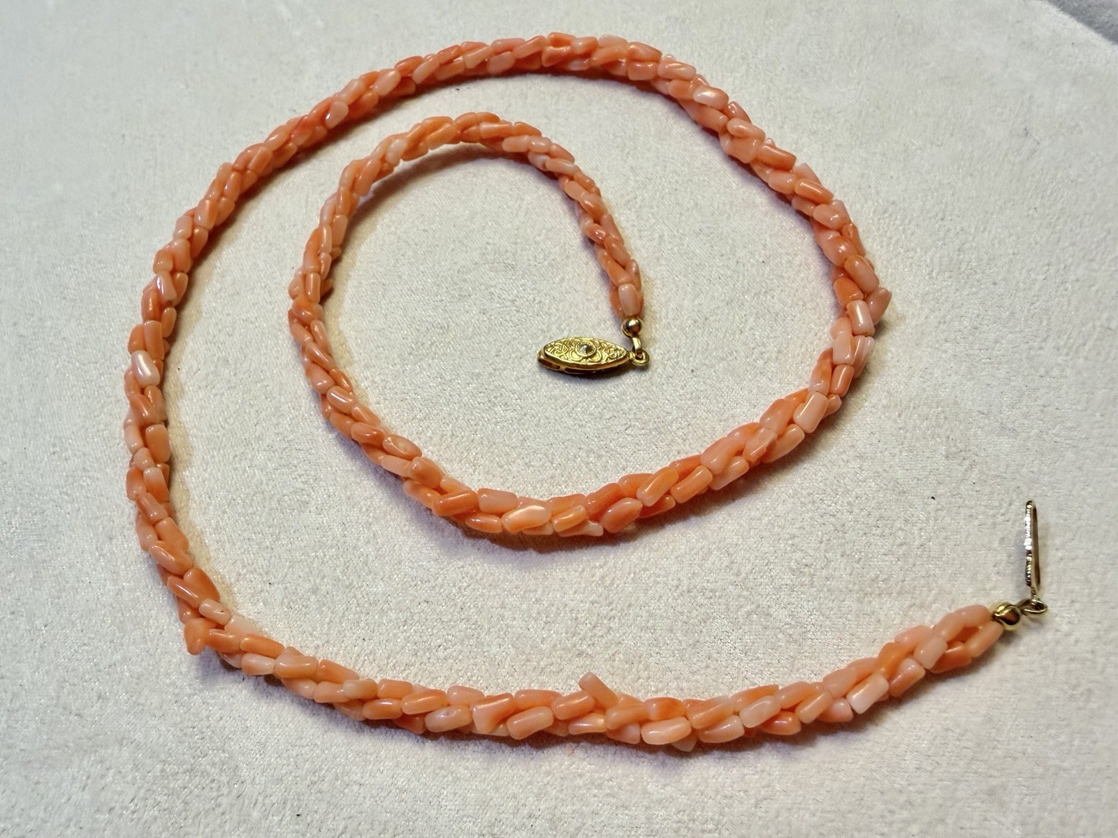 Vintage Angel Skin Coral Twisted Multistrand Necklace Fish Hook Clasp 24” Length