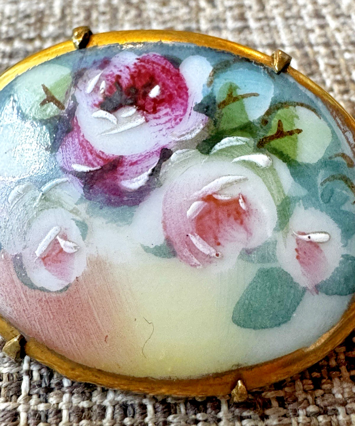 Vintage Victorian Style Hand Painted Floral Bouquet Porcelain Pin Brooch Roses