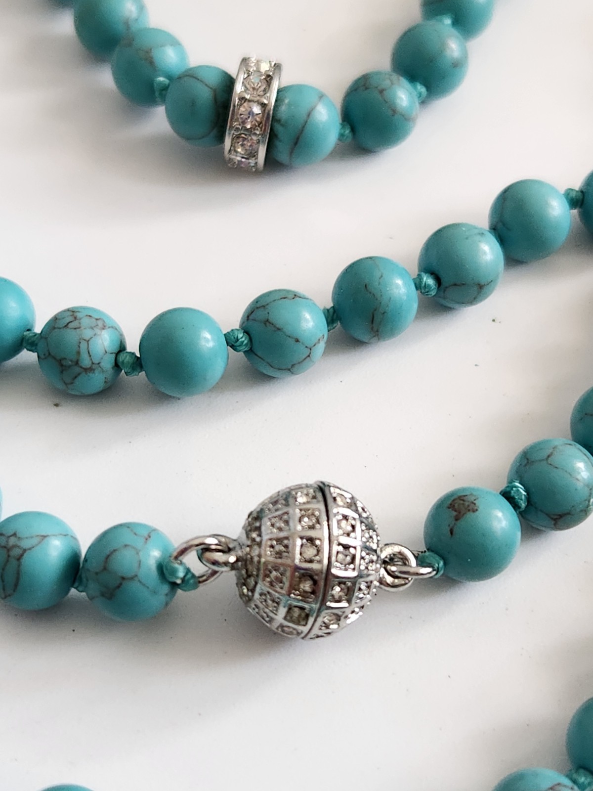 Vintage Genuine Turquoise Pave Rhines Hand Knot Necklace 50″ Mag Adjust 16 + 34