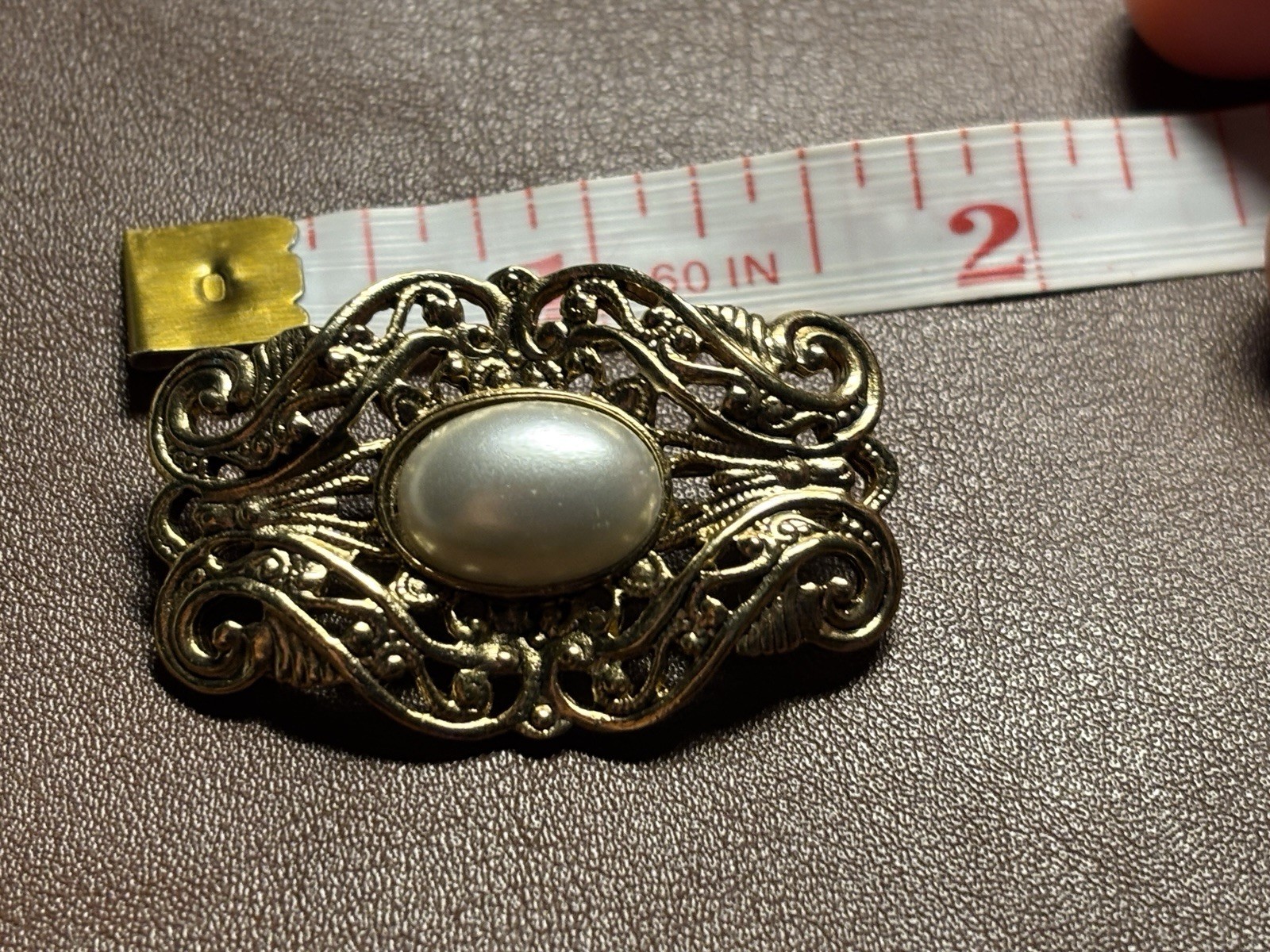 Vintage Gold Tone Filigree Brooch Pin Faux Pearl Cabochon Ornate Scrollwork