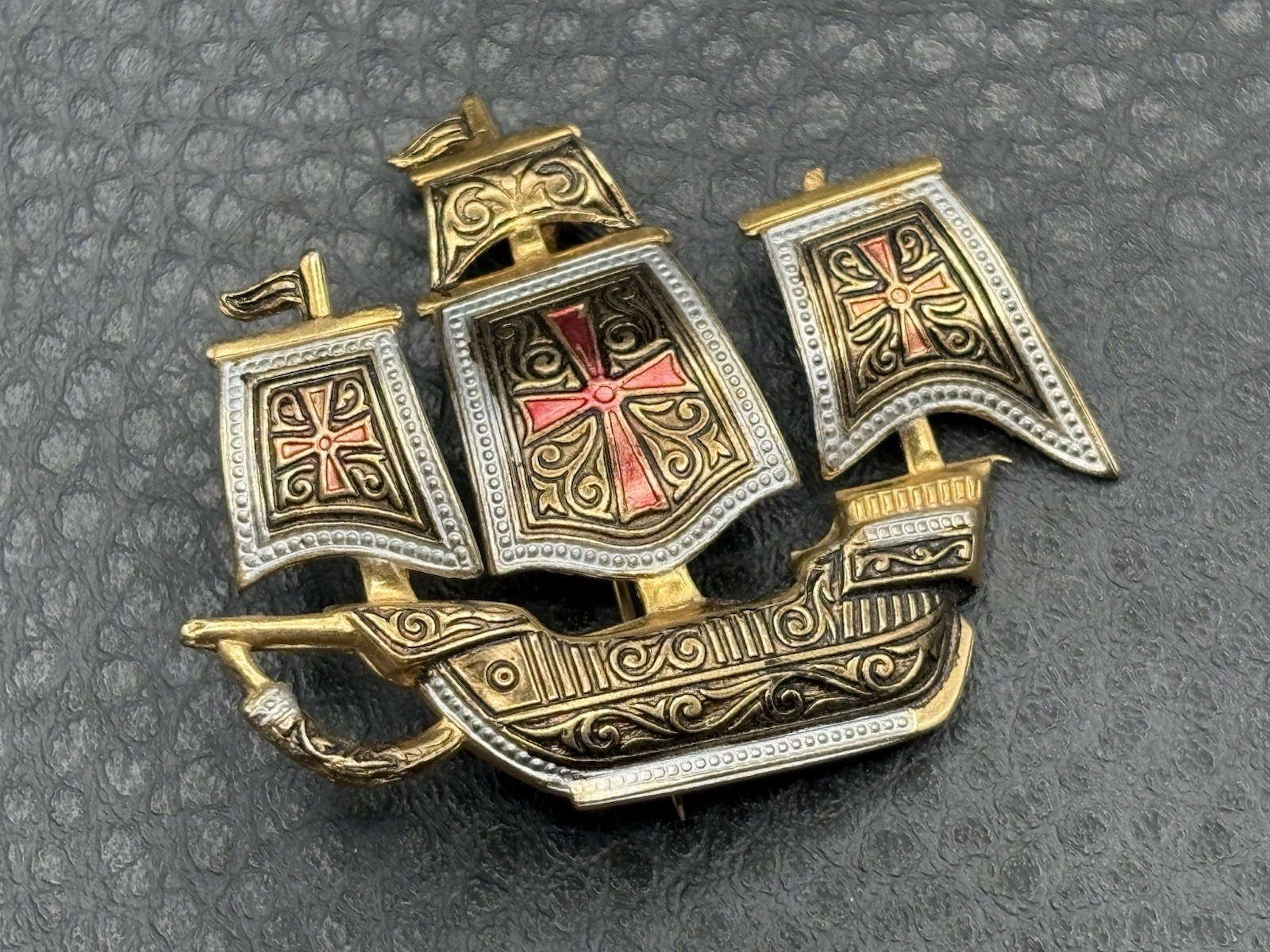 Vintage Spanish Damascene Galleon Ship Cross Brooch Pin Toledo Spain Red Enamel