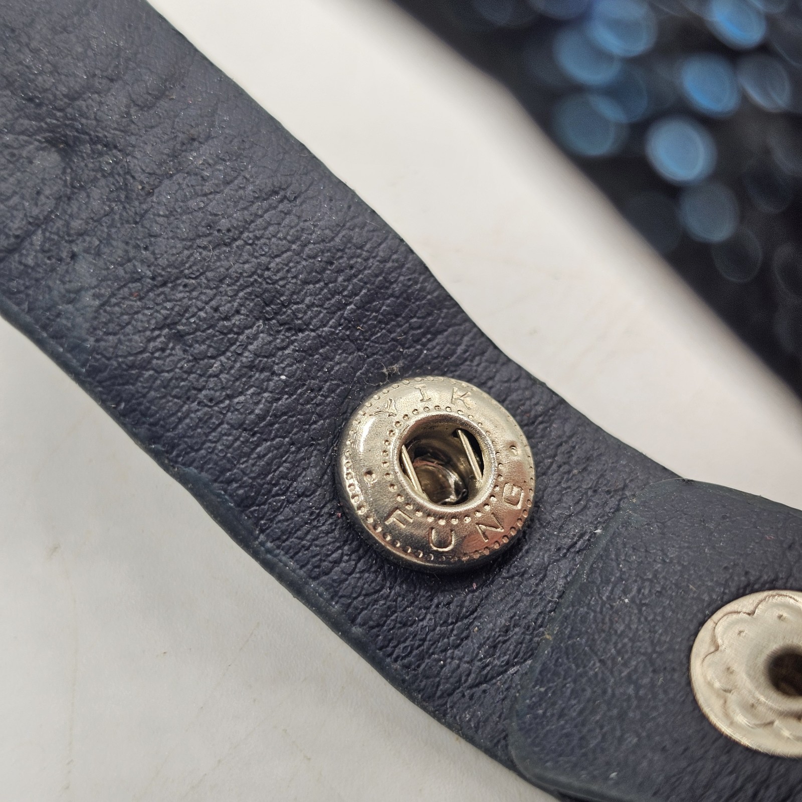 Vintage Yik Fung Leather Rhinestone Bracelet Blue & Silver